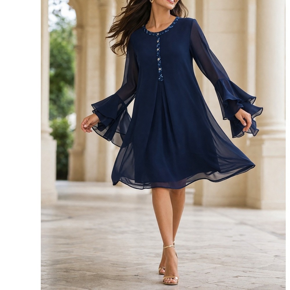 Slim Factor by Investments Tunic Womens Medium Navy Blue Excellent‎ Bell Sleeve